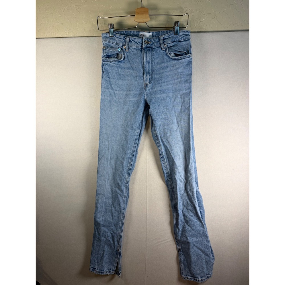 Zara Womens High Rise Straight Leg Light Wash Jeans Side Slit Raw Hem Size 6 - Picture 2 of 10